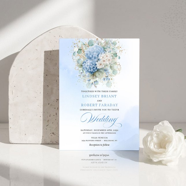 Boho Blue Hydrangea Gold Floral Wedding Invitation Inbjudningar (Boho Blue Hydrangea Gold Floral Wedding Invitation)