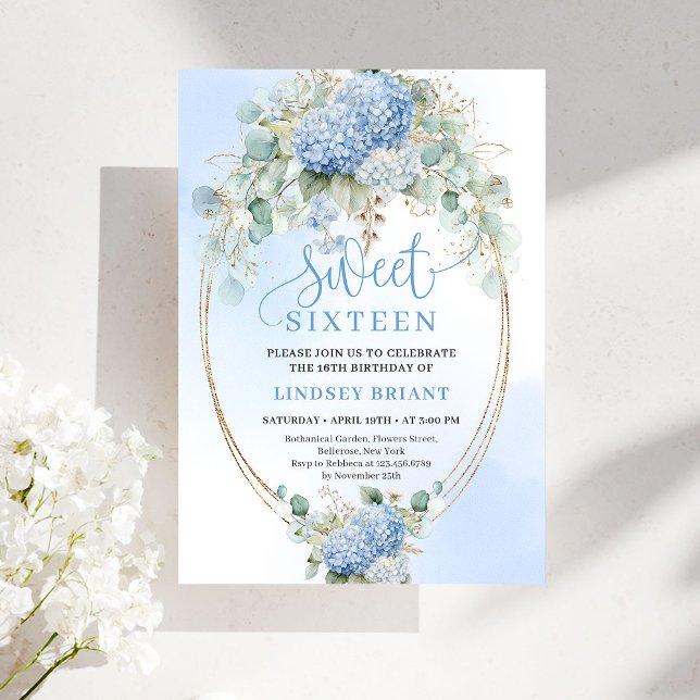 Boho Blue Hydrangea Gold Sweet Sixteen Invitation Inbjudningar (Boho Blue Hydrangea Gold Sweet Sixteen Invitation)