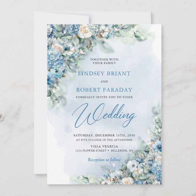 Boho blue hydrangea och kräm ro eucalyptus inbjudningar (Framsida)