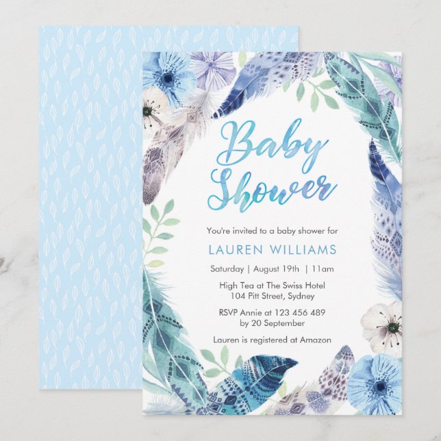 Boho blue leather Baby Shower-inbjudan Inbjudningar (Fram/baksida)
