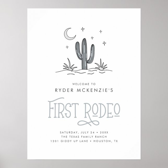 Boho Blue Modern Pojkars Första Rodeo 1-årsfest Poster (Framsidan)