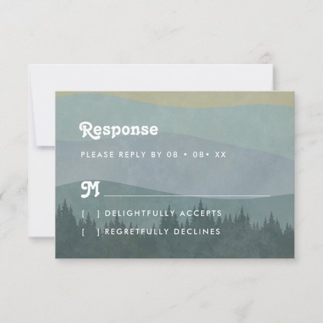 Boho Blue Mountains & Tree Retro Bröllop RSVP-kort OSA Kort (Framsida)