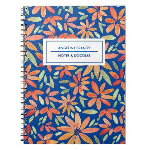 Boho Blue & Orange Blommönster Anteckningsbok