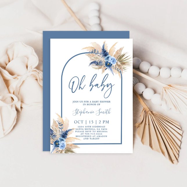 Boho Blue Pampas Grass Baby Shower Boy-inbjudan Inbjudningar (Skapare uppladdad)