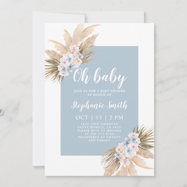 Boho Blue Pampas Grass Baby Shower Boy-inbjudan Inbjudningar (Framsida)