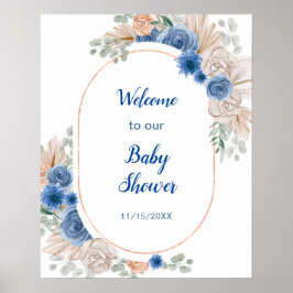 Boho Blue Pampas Grass Baby Shower Poster