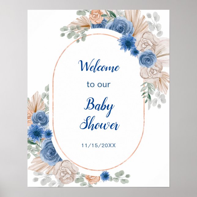 Boho Blue Pampas Grass Baby Shower Poster (Framsidan)
