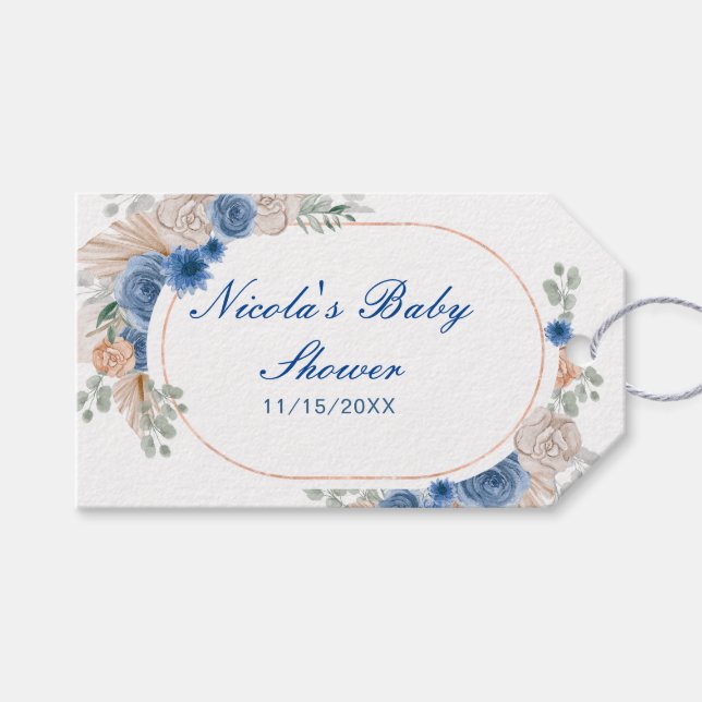 Boho Blue Pampas Grass Baby Shower Presentetikett (Framsidan (Horisontell))