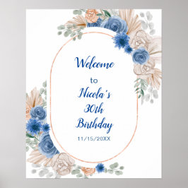 Boho Blue Pampas Grass Birthday Poster
