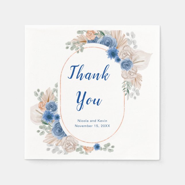 Boho Blue Pampas Grass Bröllop Pappersservett (Framsidan)