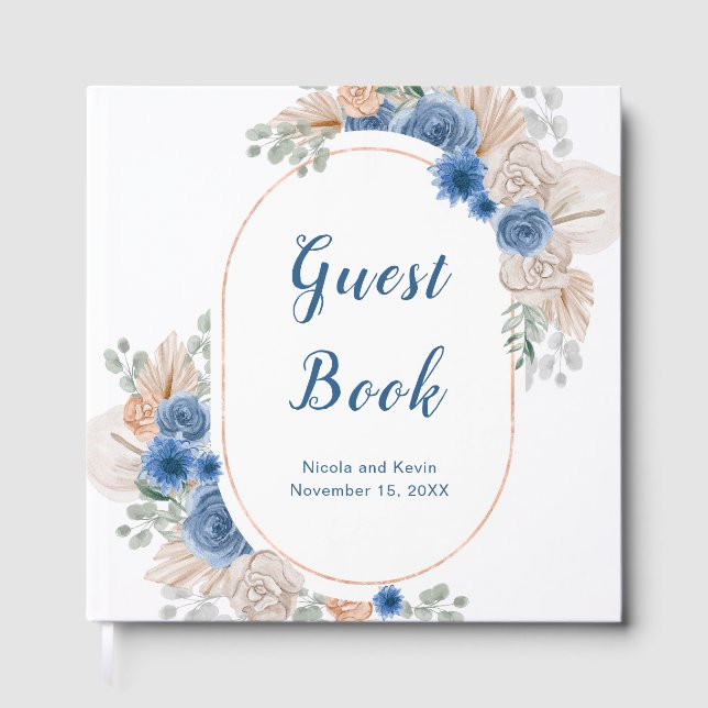 Boho Blue Pampas Grass Wedding Guest Book Gästböcker (Framsida)