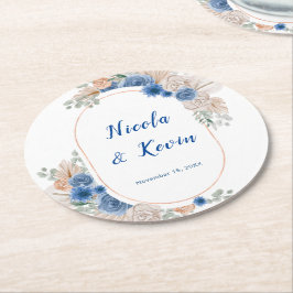 Boho Blue Pampas Grass Wedding Underlägg Papper Rund