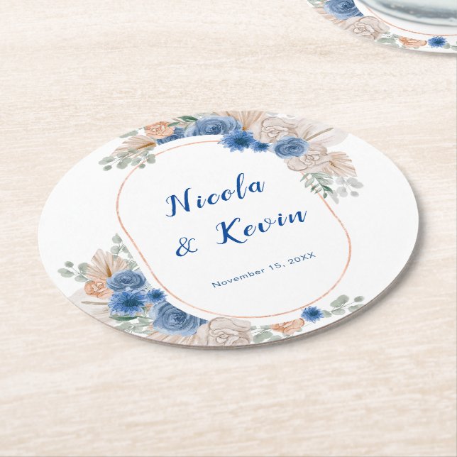 Boho Blue Pampas Grass Wedding Underlägg Papper Rund (Vinklad)