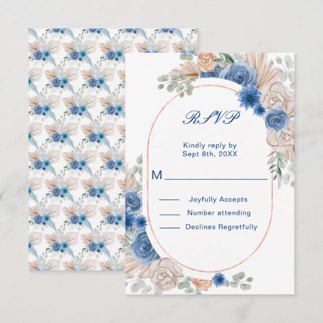 Boho Blue Pampas Grass WeddingRSVP OSA Kort (Fram/baksida)