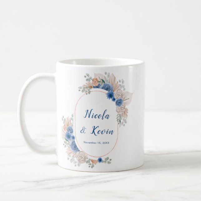Boho Blue Pampasgräs Bröllop Kaffemugg (Vänster)