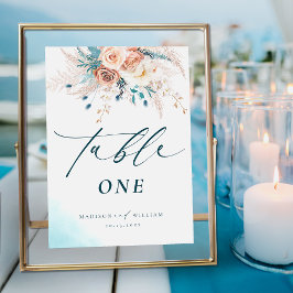 Boho Blue Peach Blommigt Bröllop Bordsnummer