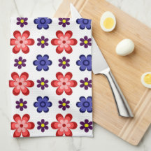 Boho Blue Purple Red Flowers Kitchen Towel