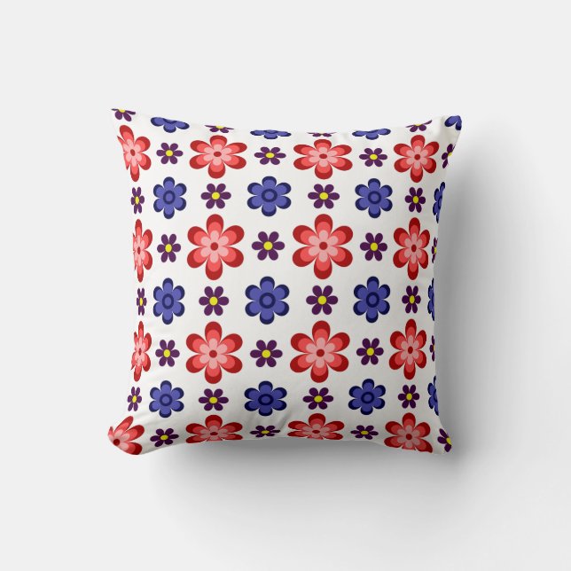 Boho Blue Purple Red Flowers Throw Pillow Kudde (Framsida)