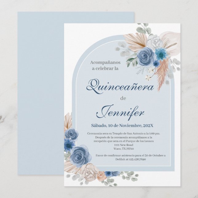 Boho Blue Quinceanera-inbjudan Inbjudningar (Fram/baksida)