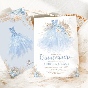 Boho Blue Quinceañera Princess Dress Birthday Inbjudningar