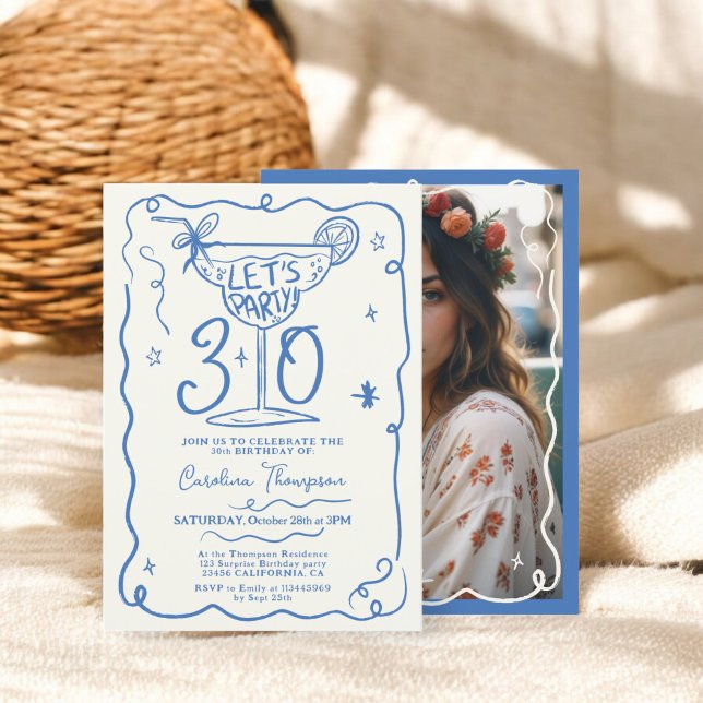 Boho Blue quirky whimsical scribbles 30 födelsedag Inbjudningar (Boho blue quirky whimsical scribbles 30 birthday invitation)
