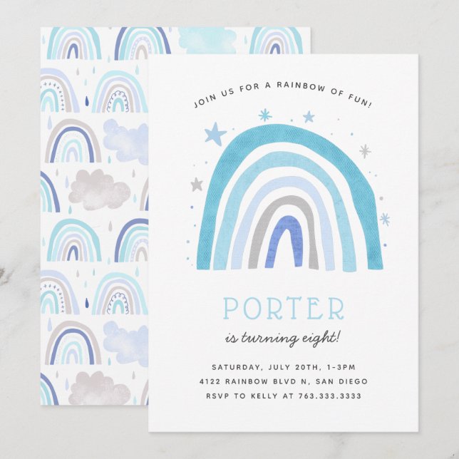 Boho Blue Rainbow Barns födelsedag Party Inbjudningar (Fram/baksida)