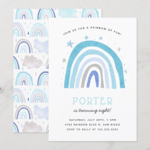 Boho Blue Rainbow Barns födelsedag Party Inbjudningar