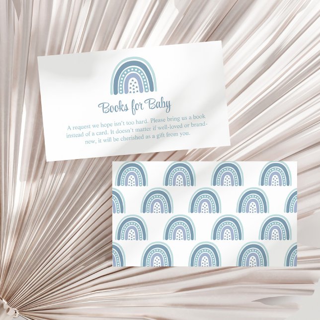 Boho Blue Rainbow Bokar för Baby-inkapslingskort Tilläggskort (Boho Blue Rainbow Books for Baby Enclosure Card on a sunny white dry palm leaf.)