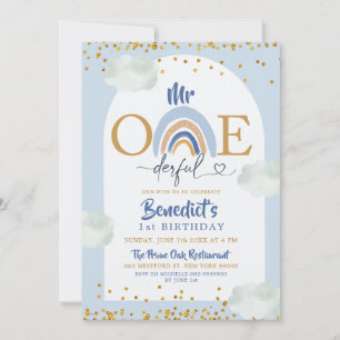 Boho Blue Rainbow Onederful Boy's Birthday Inbjudningar