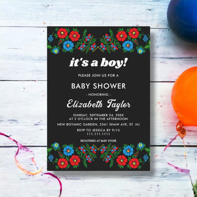 Boho Blue Röd ros Black Blommigt Boy Shower Inbjudningar (Skapare uppladdad)