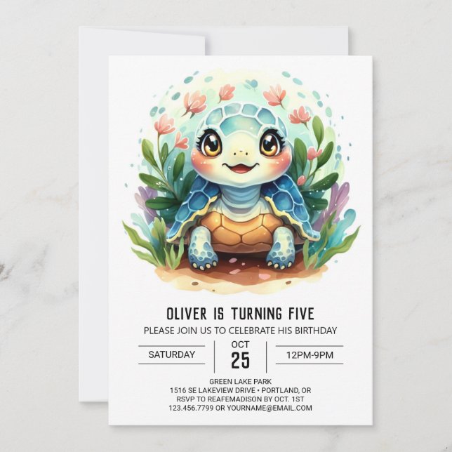 Boho Blue Roligt Turtle Boy Birthday Inbjudningar (Framsida)