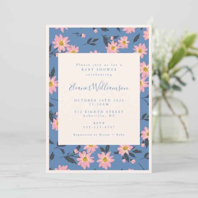 Boho Blue Rosa Blommigt Baby Shower Inbjudningar (Stående Fram)