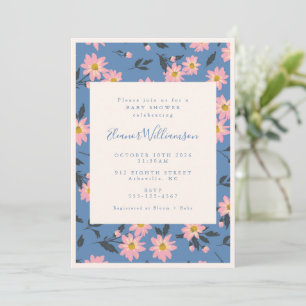 Boho Blue Rosa Blommigt Baby Shower Inbjudningar