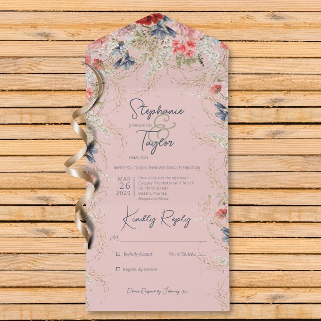 Boho Blue & Rosa Blommigt Rosa No Middag (Also available with a QR code or with dinner selection options.)