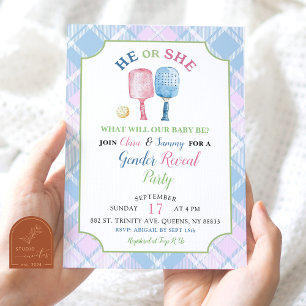 Boho Blue Rosa Preppy Pickleball Gender Reveal Inbjudningar