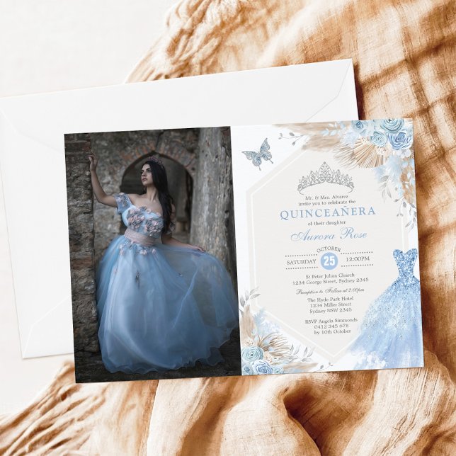 Boho Blue Silver Quinceañera 15:e födelsedagsfoto Inbjudningar (Skapare uppladdad)
