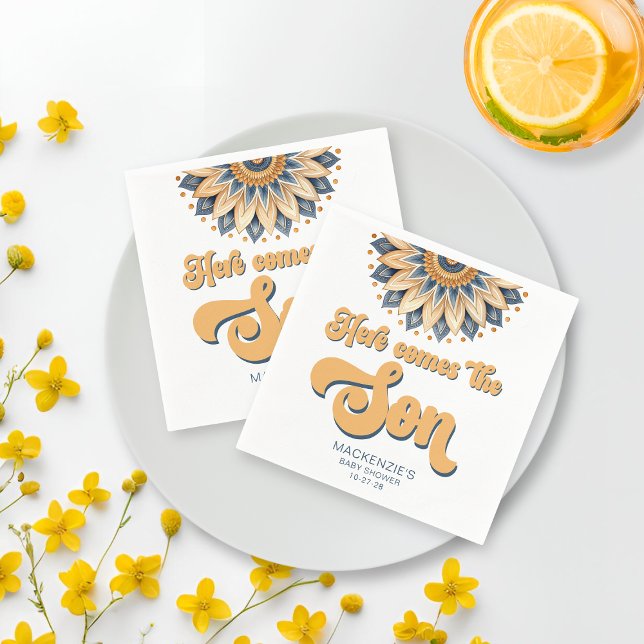 Boho Blue Solros Retro Typography Baby Shower Pappersservett (Boho Blue Sunflower Retro Typography Baby Shower Napkins)