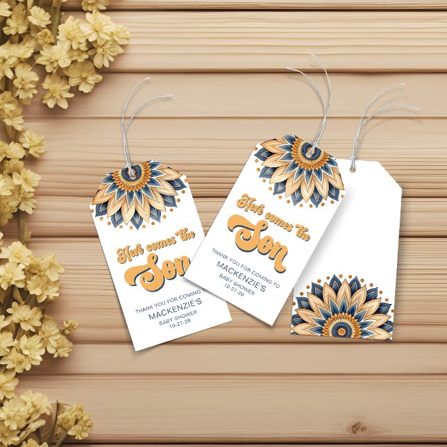 Boho Blue Solros Retro Typography Presentetikett (Boho Blue Sunflower Retro Typography Gift Tags)