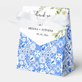 Boho Blue tile och Lemon Arch bröllop Tack Presentaskar