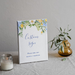Boho Blue tile och Lemon bröllop Arch bord Sign Poster