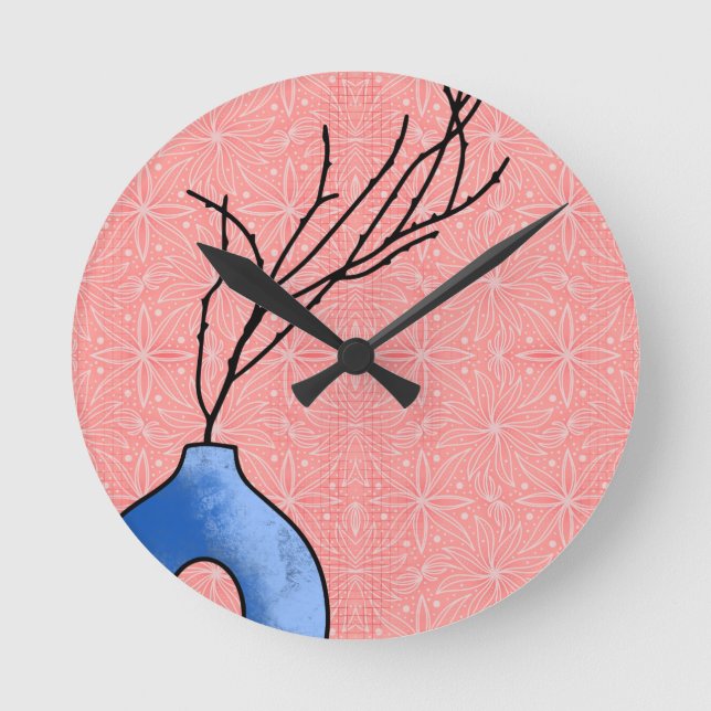 Boho Blue Vas Soft Rosa Blommigt Background Clock Rund Klocka (Framsida)