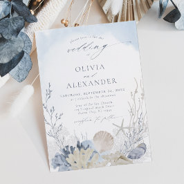 Boho Blue Watercolor Beach Wedding Inbjudningar