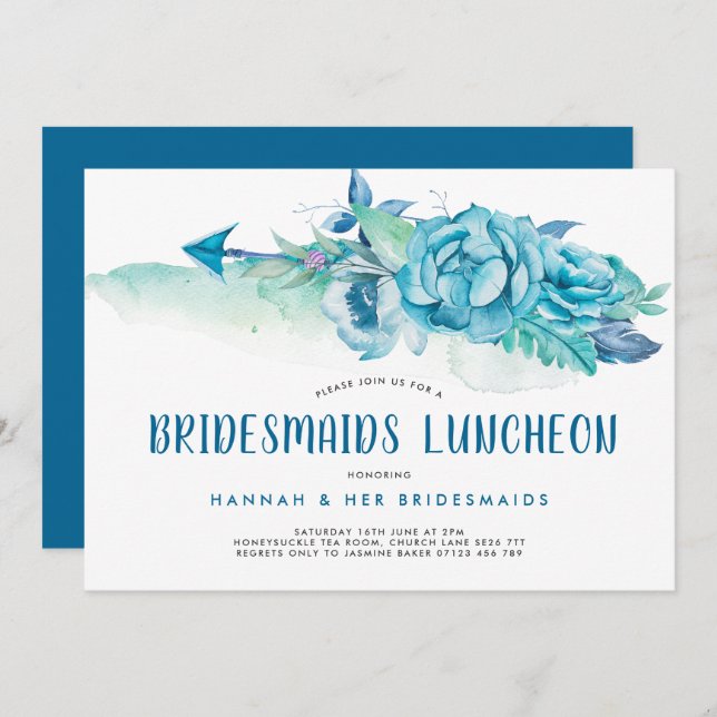 Boho Blue Watercolor Blommigt Bridesmaids Luncheon Inbjudningar (Fram/baksida)