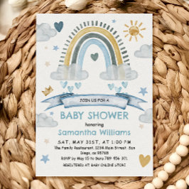 Boho Blue Watercolor Rainbow Baby Shower Inbjudningar