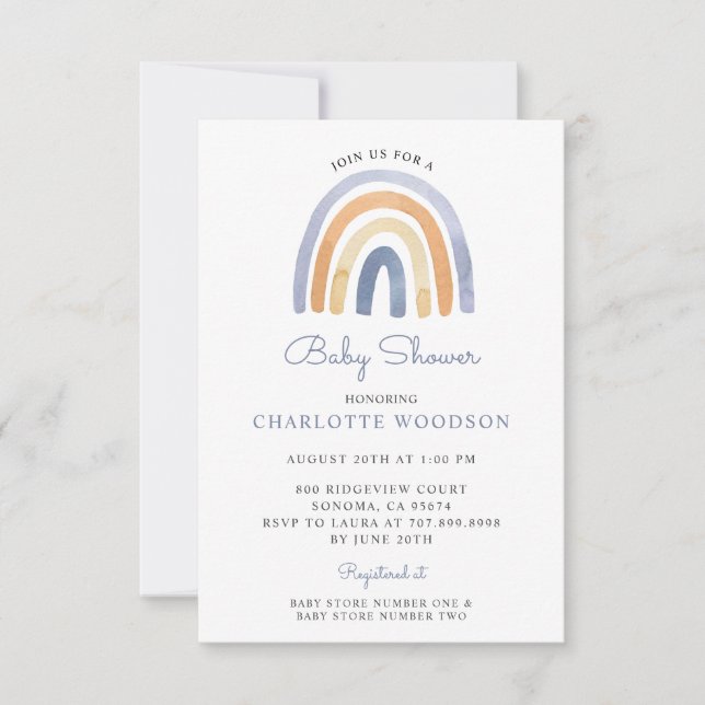 Boho Blue Watercolor Rainbow Baby Shower Inbjudningar (Framsida)