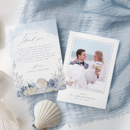 Boho Blue Watercolor Shells Beach Wedding Photo Tack Kort
