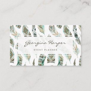 Boho Blue Watercolor Tribal Feathers Mönster Visitkort