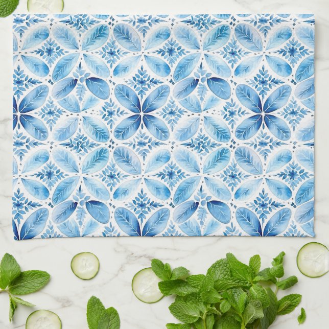Boho Blue White Blommigt Abstrakt Kökshandduk (Vikta)