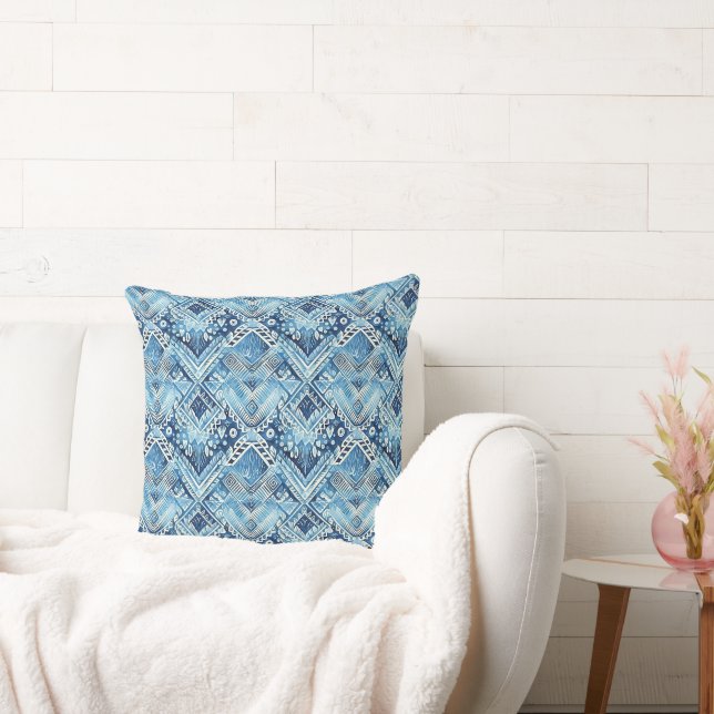 Boho Blue White Blommigt Hearts Abstrakt Kudde (Soffa)