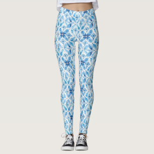 Boho Blue White Blommigt Leggings